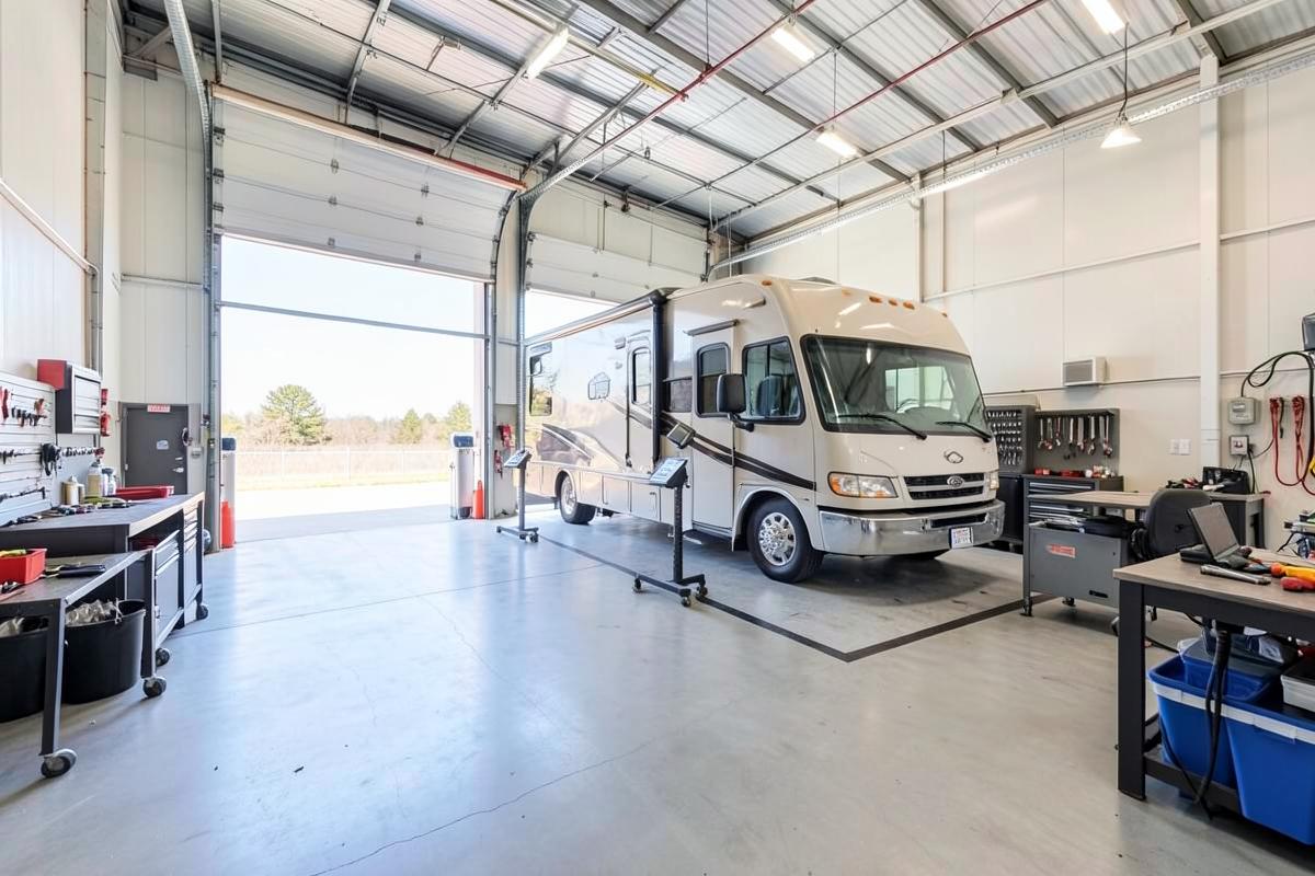 Motorhome parked inside a bright 50-foot RV service bay with the shop door open to daylight